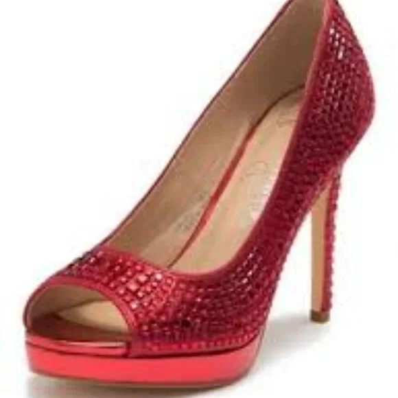 NIB- LAUREN LORRAINE CANDIE-12 RED JEWELED PEEP-TOE PUMPS - Picture 4 of 4